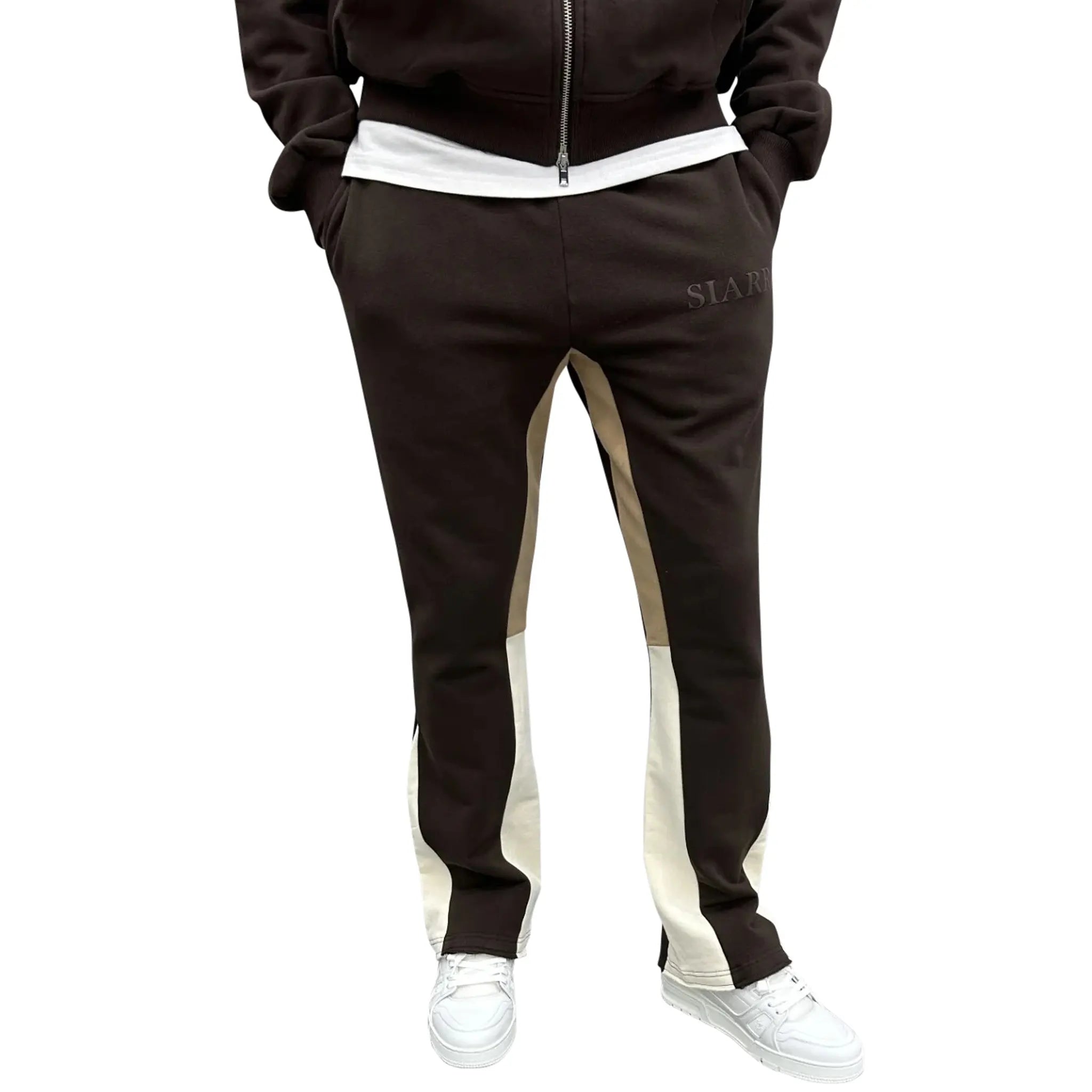 Model front view of SIARR Brown Flared Joggers